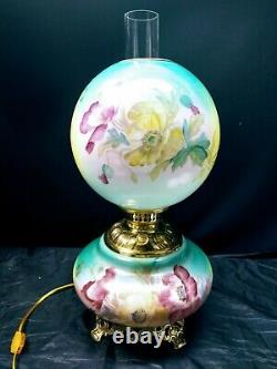 Victorian Banquet Oil Lamp Hand Stenciled Poppy Flowers GWTW A. L. B Company