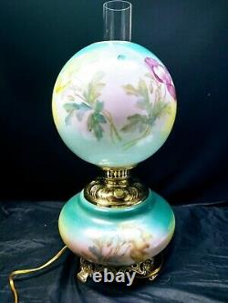 Victorian Banquet Oil Lamp Hand Stenciled Poppy Flowers GWTW A. L. B Company