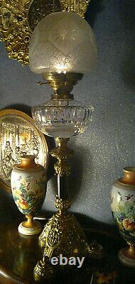 Victorian Banquet Oil LampCut Glass Acid Etched ShadeGilt BrassHinks Duplex