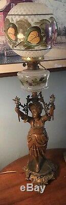 Victorian Banquet Parlour Oil Lamp Figural Lady 1880s Opal Glass Newell Post