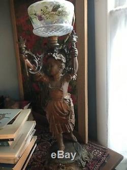 Victorian Banquet Parlour Oil Lamp Figural Lady 1880s Opal Glass Newell Post