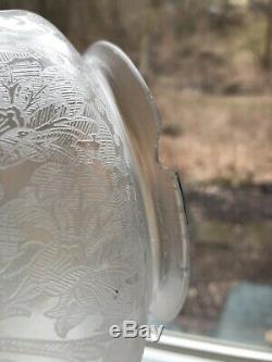 Victorian Blue & Clear Etched Glass Oil Lamp Shade 5 Fitter