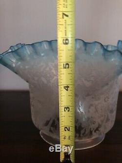 Victorian Blue & Clear Etched Glass Oil Lamp Shade 5 Fitter
