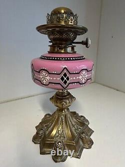 Victorian Brass Based Oil Lamp With Opaque Pink Glass Font Hinks & Son Patent