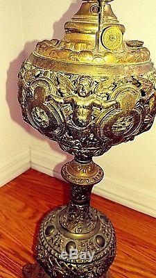 Victorian Brass Cherubs Banquet Parlor Oil Lamp Electrified