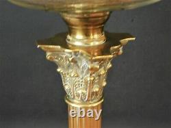 Victorian Brass Corinthian Column Oil Lamp Etched Shade Free Uk Postage