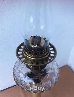 Victorian Brass & Cut Glass Corinthian Column Oil Lamp, White Shade, Chimney
