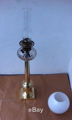 Victorian Brass & Cut Glass Corinthian Column Oil Lamp, White Shade, Chimney