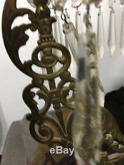 Victorian Brass Hanging Oil Lamp Cast Font Pierced Dome And Beaded Prism Rare