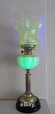Victorian Brass Oil Lamp, Vaseline Uranium Glass Shade & Font. Powell, Walsh Etc