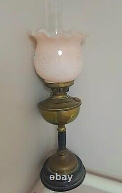 Victorian Brass Oil Lamp With Pink Milk Glass Shade Vintage Lantern Light