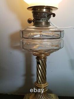 Victorian Brass Oil Lamp with Glass Reservoir Converted Electric Beautiful