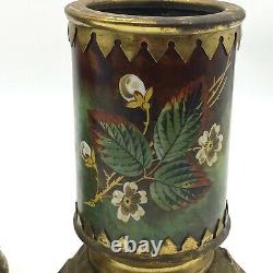 Victorian Brass & Painted Milk Glass Oil Lamp Base Garnitures Pair 9 Antique