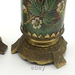 Victorian Brass & Painted Milk Glass Oil Lamp Base Garnitures Pair 9 Antique