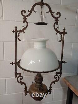 Victorian Brass Pendant Ceiling Oil Lamp with Milk Glass Shade dated 1895