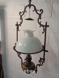 Victorian Brass Pendant Ceiling Oil Lamp with Milk Glass Shade dated 1895