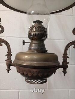 Victorian Brass Pendant Ceiling Oil Lamp with Milk Glass Shade dated 1895