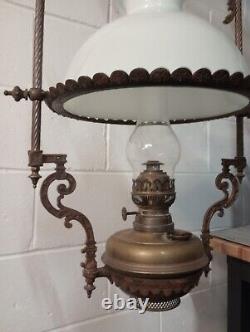 Victorian Brass Pendant Ceiling Oil Lamp with Milk Glass Shade dated 1895