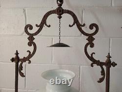 Victorian Brass Pendant Ceiling Oil Lamp with Milk Glass Shade dated 1895