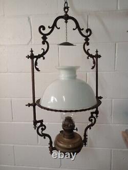 Victorian Brass Pendant Ceiling Oil Lamp with Milk Glass Shade dated 1895