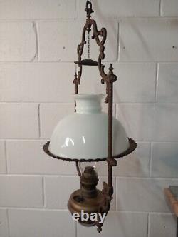 Victorian Brass Pendant Ceiling Oil Lamp with Milk Glass Shade dated 1895