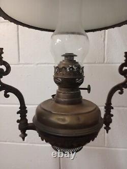 Victorian Brass Pendant Ceiling Oil Lamp with Milk Glass Shade dated 1895