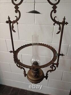 Victorian Brass Pendant Ceiling Oil Lamp with Milk Glass Shade dated 1895