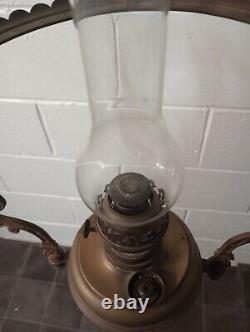 Victorian Brass Pendant Ceiling Oil Lamp with Milk Glass Shade dated 1895