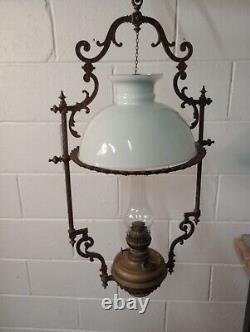 Victorian Brass Pendant Ceiling Oil Lamp with Milk Glass Shade dated 1895