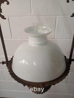 Victorian Brass Pendant Ceiling Oil Lamp with Milk Glass Shade dated 1895