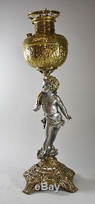 Victorian Brass and Silver Tone Cherub Oil Lamp with Gold Tone Highlights