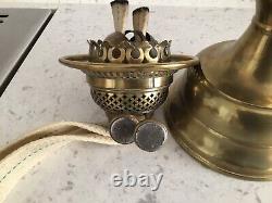 Victorian C 1890 Brass Oil Lamp Plain Body With Ornate Amber Tulip Frosted Shade