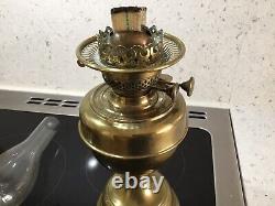 Victorian C 1890 Brass Oil Lamp Plain Body With Ornate Amber Tulip Frosted Shade