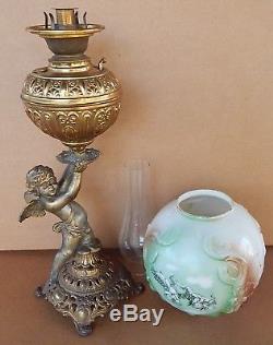 Victorian CHERUB Banquet Parlor Oil Lamp Ornate Cast Metal Romantic Scenic Shade