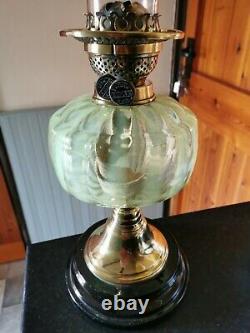 Victorian Candy Stripe Vaseline Uranium Glass Oil Lamp, Ceramic Black Base