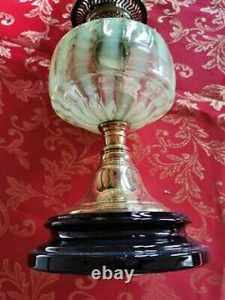 Victorian Candy Stripe Vaseline Uranium Glass Oil Lamp, Ceramic Black Base