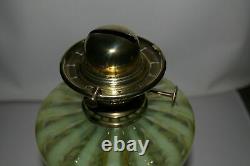 Victorian Candy Stripe Vaseline Uranium Glass Oil Lamp, Cherub Angel base GSP