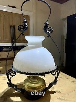 Victorian Ceiling Hanging Oil Lamp Complete Milk Glass Burner Chimney RARE 2