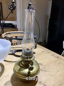 Victorian Ceiling Hanging Oil Lamp Complete Milk Glass Burner Chimney RARE 2