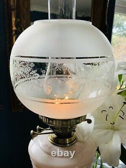 Victorian Ceramic & Brass Early Duplex Twin Burner Oil Lamp & Acid Etched Bowl