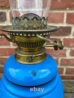 Victorian Ceramic Kingfisher Blue Oil Lamp With Messenger N02 Riser Burner