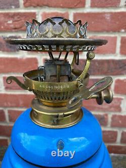 Victorian Ceramic Kingfisher Blue Oil Lamp With Messenger N02 Riser Burner