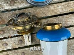 Victorian Ceramic Kingfisher Blue Oil Lamp With Messenger N02 Riser Burner