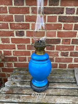 Victorian Ceramic Kingfisher Blue Oil Lamp With Messenger N02 Riser Burner