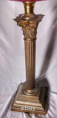 Victorian Corinthian Column Oil Lamp Cranberry Font And Rare Uplighter Shade