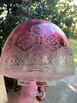 Victorian Cranberry Acid Etched Glass Beehive Oil Lamp Shade