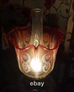 Victorian Cranberry Cased Crystal Etched Glass Oil Lamp Shade, Perfect? , 177mm