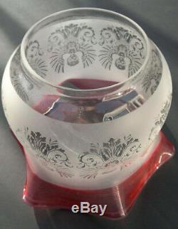 Victorian Cranberry Clear Glass Oil Lamp Shade Acid Etched Angels 4 Fitter