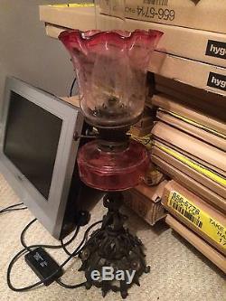 Victorian Cranberry Duplex Oil Lamp Complete With Victorian Shade