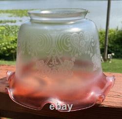 Victorian Cranberry Frosted Floral Etched Glass Kerosene Oil Lamp Tulip Shade @B